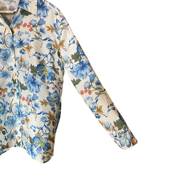 Vintage STUNT 100% Silk Floral Button Down Shirt Blue Beige Medium cottagecore - Picture 4 of 7